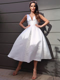 A-Line/Princess Satin Ruched V-neck Sleeveless Tea-Length Wedding Dresses TPP0007021