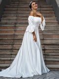 A-Line/Princess Charmeuse Ruffles Off-the-Shoulder 3/4 Sleeves Sweep/Brush Train Wedding Dresses TPP0006367