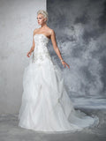 Ball Gown Strapless Beading Sleeveless Long Tulle Wedding Dresses TPP0006666