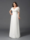 A-Line/Princess Off-the-Shoulder Ruched Short Sleeves Long Chiffon Plus Size Dresses TPP0001920