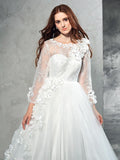 Ball Gown Sheer Neck Hand-Made Flower Long Sleeves Long Net Wedding Dresses TPP0006751