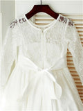 A-line/Princess Scoop Long Sleeves Bowknot Ankle-Length Lace Flower Girl Dresses TPP0007709