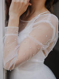 A-Line/Princess Tulle Beading Scoop Long Sleeves Sweep/Brush Train Wedding Dresses TPP0006985