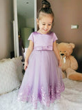 A-Line/Princess Tulle Lace Scoop Short Sleeves Ankle-Length Flower Girl Dresses TPP0007467