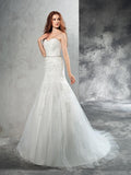 Sheath/Column Sweetheart Applique Sleeveless Long Satin Wedding Dresses TPP0006806
