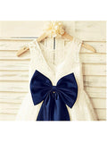 A-line/Princess Sleeveless Scoop Bowknot Tea-Length Lace Flower Girl Dresses TPP0007719