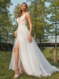 A-Line/Princess Tulle Applique V-neck Sleeveless Sweep/Brush Train Wedding Dresses TPP0006365