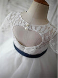 A-line/Princess Scoop 1/2 Sleeves Sash/Ribbon/Belt Tea-Length Tulle Flower Girl Dresses TPP0007629