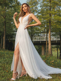 A-Line/Princess Tulle Applique V-neck Sleeveless Sweep/Brush Train Wedding Dresses TPP0006365