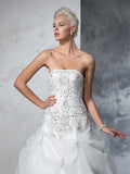 Ball Gown Strapless Beading Sleeveless Long Tulle Wedding Dresses TPP0006666