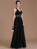 A-Line/Princess Halter Sleeveless Sash/Ribbon/Belt Floor-Length Chiffon Bridesmaid Dresses TPP0005410