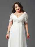 A-Line/Princess Off-the-Shoulder Ruched Short Sleeves Long Chiffon Plus Size Dresses TPP0001920