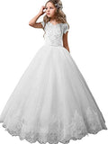Ball Gown V-neck Short Sleeves Lace Floor-Length Tulle Flower Girl Dresses TPP0007596