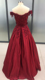 Red Satin Sleeveless Ball Gown Off-the-Shoulder Applique Floor-Length Long Prom Dresses