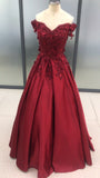 Red Satin Sleeveless Ball Gown Off-the-Shoulder Applique Floor-Length Long Prom Dresses