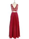 Red Chiffon A-Line Two Piece Sleeveless V-neck Floor-Length Long Prom Dresses with Lace