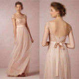 2024 Cap Sleeve A-Line Lace Chiffon Long Elegant Backless Bridesmaid Dress