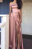 2024 Pink Elegant A-Line Cheap Off the Shoulder Long Slit Prom Dresses