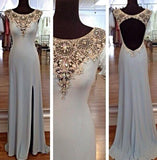 2024 Mermaid Open Back Scoop Slit Cap Sleeve Beads Long Chiffon Elegant Prom Dresses