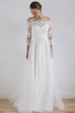 2024 A-Line Lace Scoop 3/4 Sleeve Appliques Tulle Floor-Length White Button Wedding Dresses