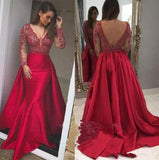 Elegant Mermaid Long Red Long Sleeve Beading V Neck Lace Satin Backless Prom Dresses