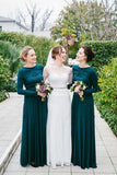 2024 Green Long Sleeve Round Neck Modest Floor-Length Satin A-Line Bridesmaid Dress
