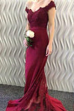 2024 Off-the-Shoulder Burgundy Lace Appliques Long Mermaid Prom Dresses