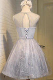 Cute Silver A Line See Through Scoop Organza Top Cheap Lace up Homecoming Dresses