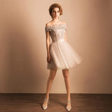 2024 Off-the-Shoulder Lace Short Prom Dress Beading Tulle Cute Lace-up Homecoming Dress