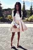 Cute A Line Round Neck White Lace Long Sleeves Satin Short Homecoming Dresses