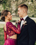 Elegant A Line Two Piece Burgundy Long Sleeve Beads Organza Open Back Long Prom Dresses