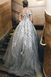 2024 Vintage Silver Off the Shoulder Lace Appliques Tulle Sweetheart Beach Wedding Dresses