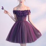 Cute A line Dark Purple Off-shoulder Short Sexy Appliqued Homecoming Dress with Beads